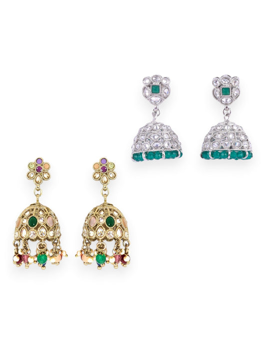 Saloni Fashion Jewellery Exotic Flower Design Kundan Siler and Antique Gold Plated Set of 2 Combo Jhumki Earring For Women and Girls