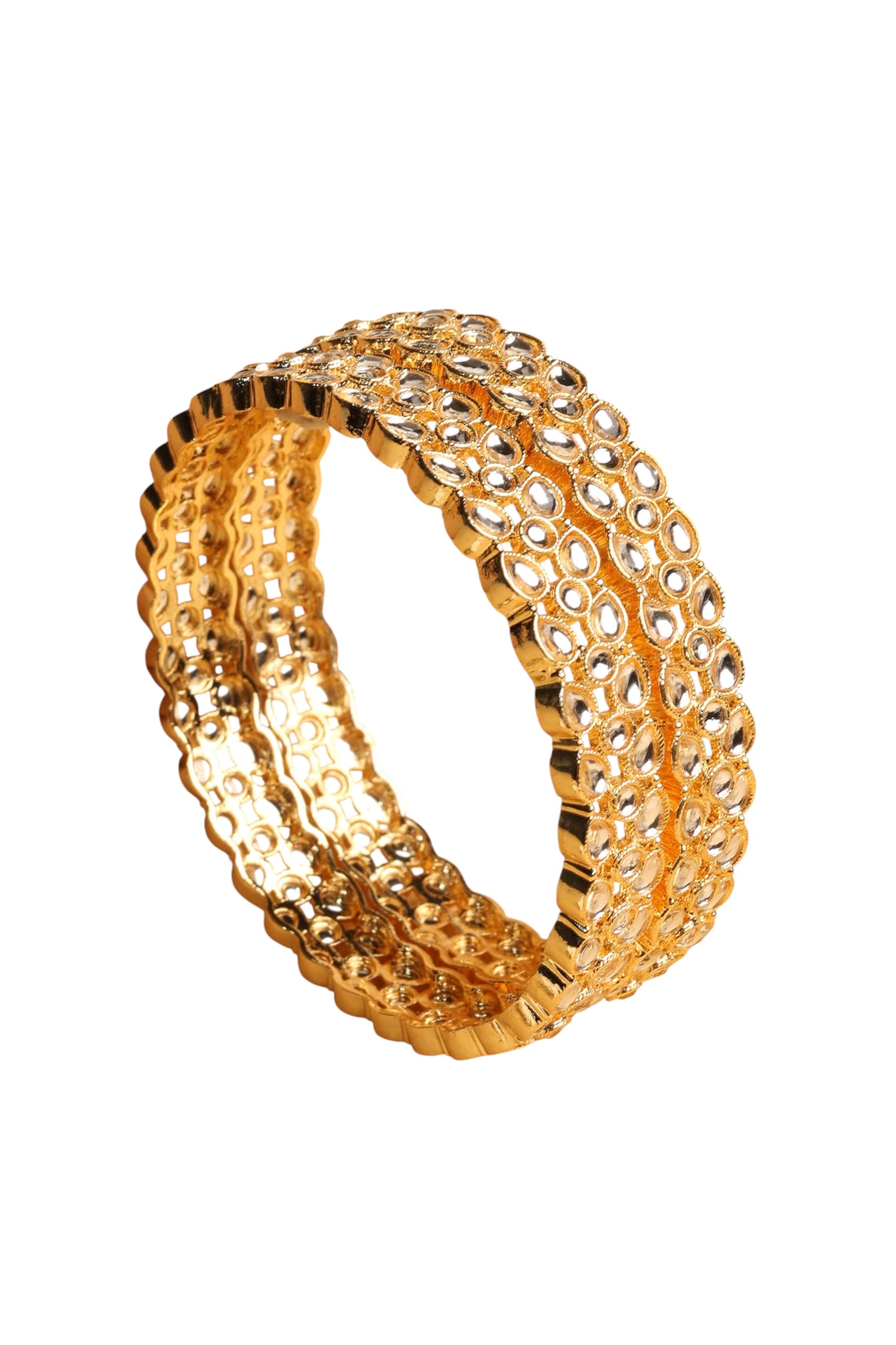 Saloni Fashion Jewellery Traditional Oval Shape White Kundan Stone Gold Plated Set of 2 Bangle Set For Women and Girls