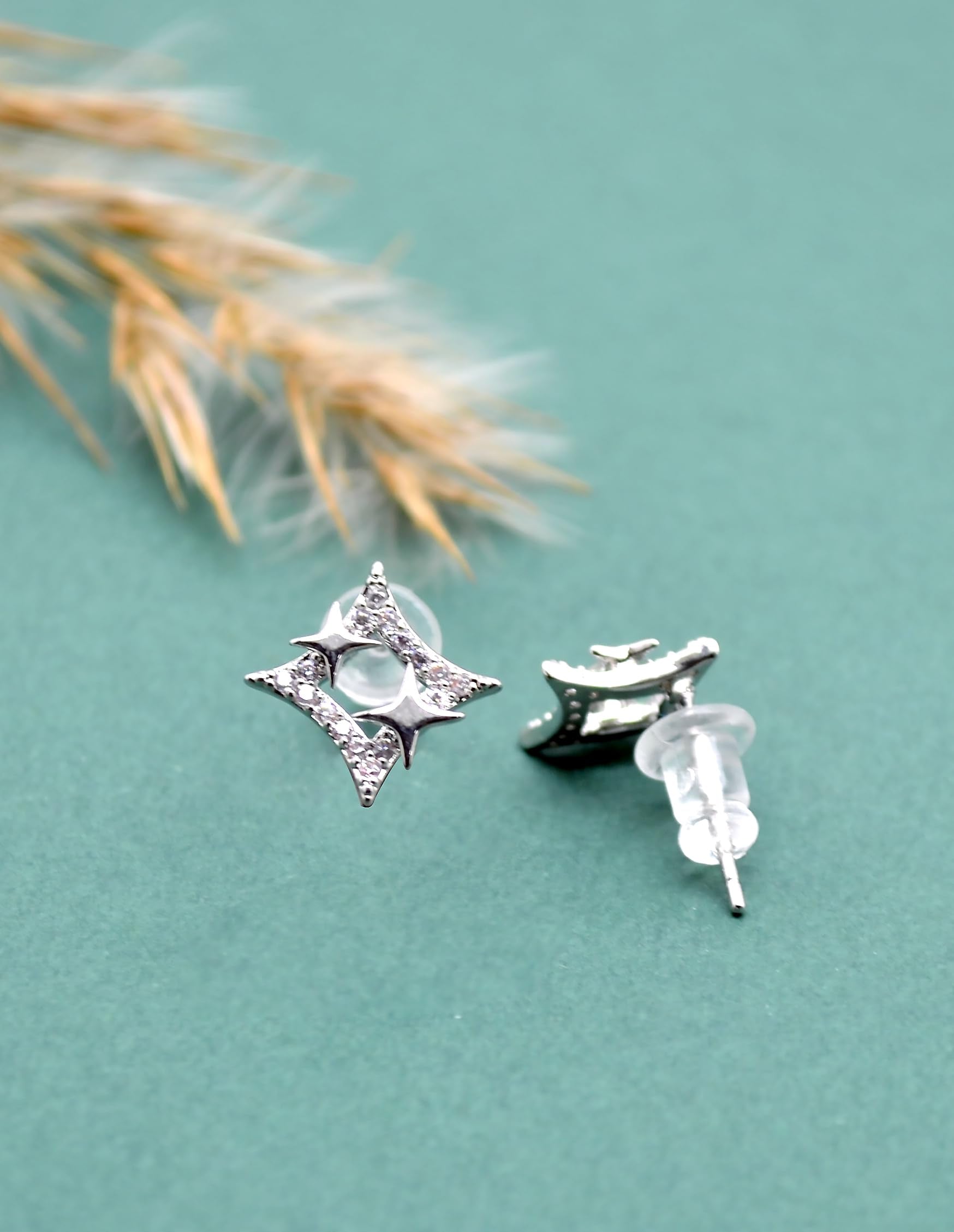 Saloni Fashion Jewellery Stylish Star Design CZ Brass Silver Plated Stud Earring For Women and Girls