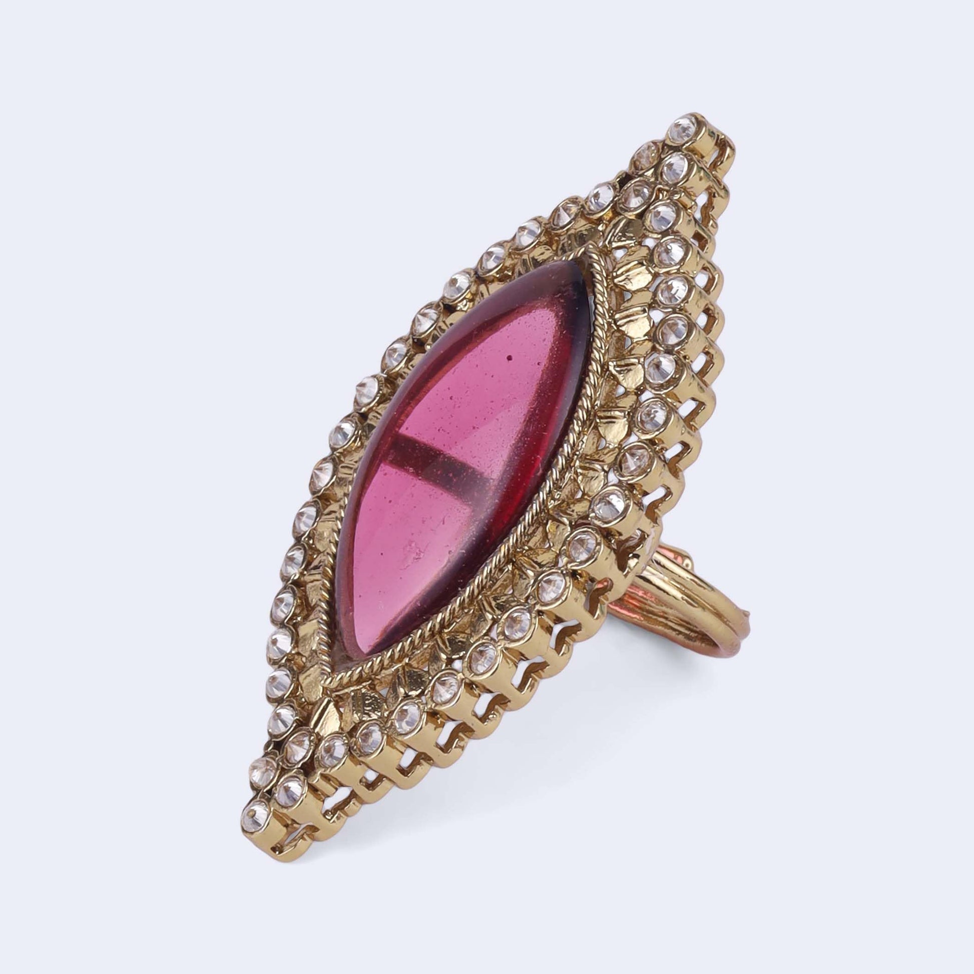 Saloni Fashion Jewellery Lavish Oval Shape Center Pink Stone Gold Plated Adjustable Finger Ring For Women