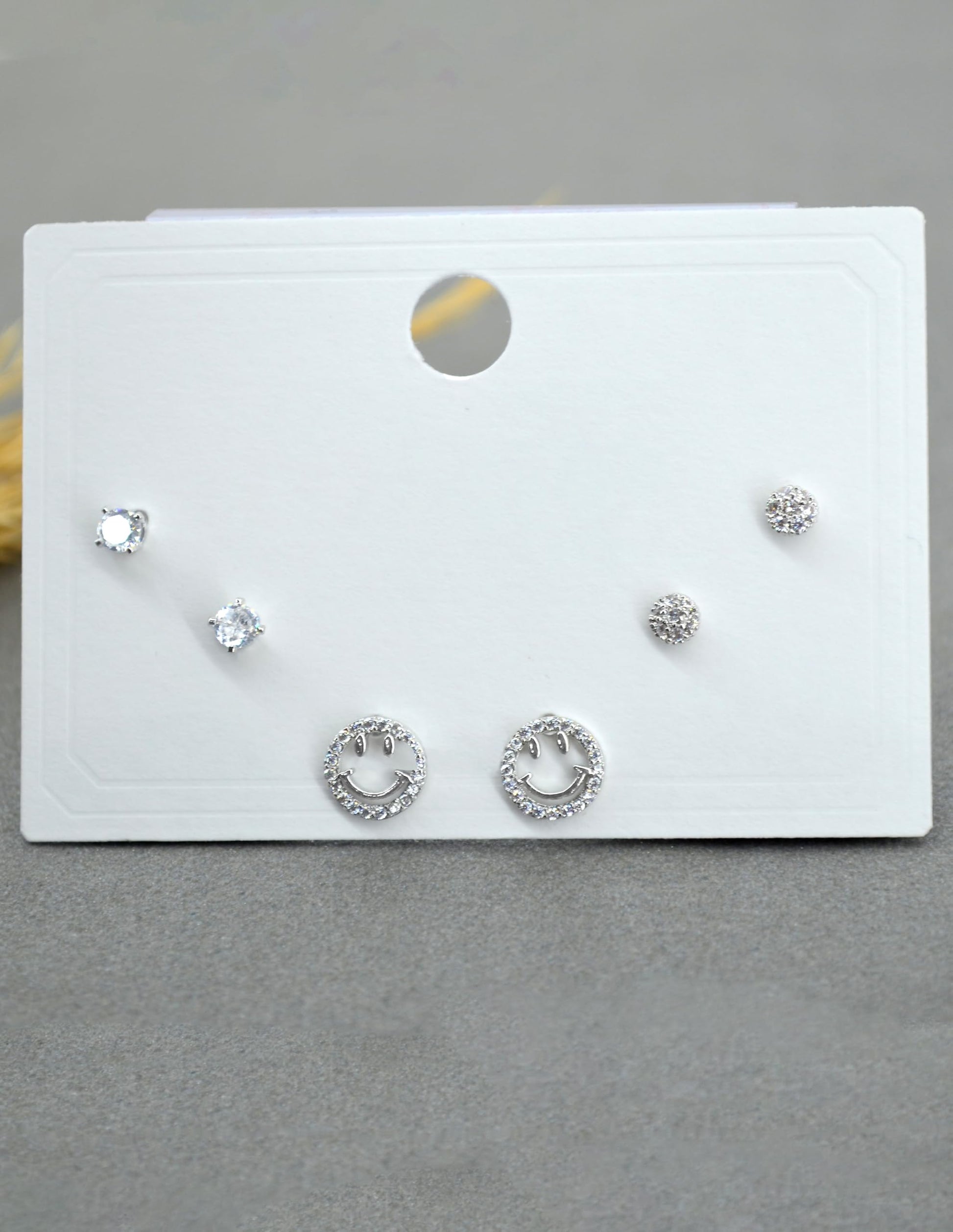 Saloni Fashion Jewellery Lavish Round and Smiley Shape CZ Brass Silver Plated Set of 3 Combo Stud Earring For Women and Girls