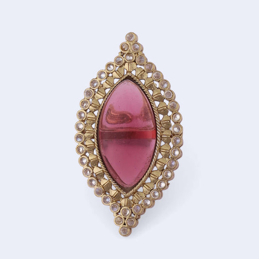 Saloni Fashion Jewellery Lavish Oval Shape Center Pink Stone Gold Plated Adjustable Finger Ring For Women