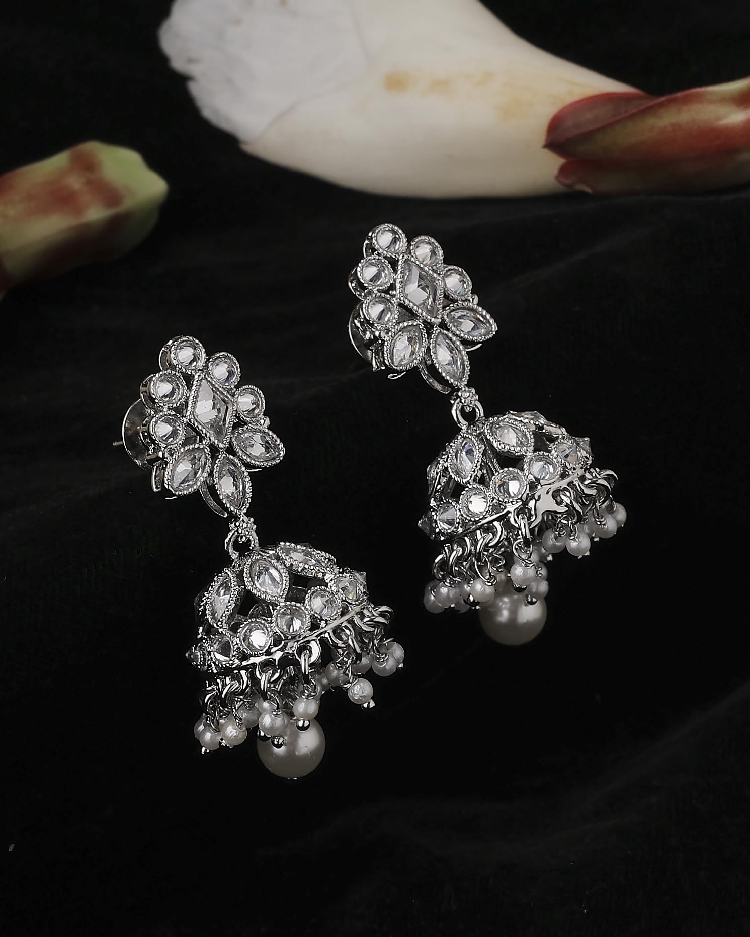Saloni Fashion Jewellery Flowing Round and Pear Shape Silver Plated White Kundan Stone Brass Jhumki Earring For Women and Girls