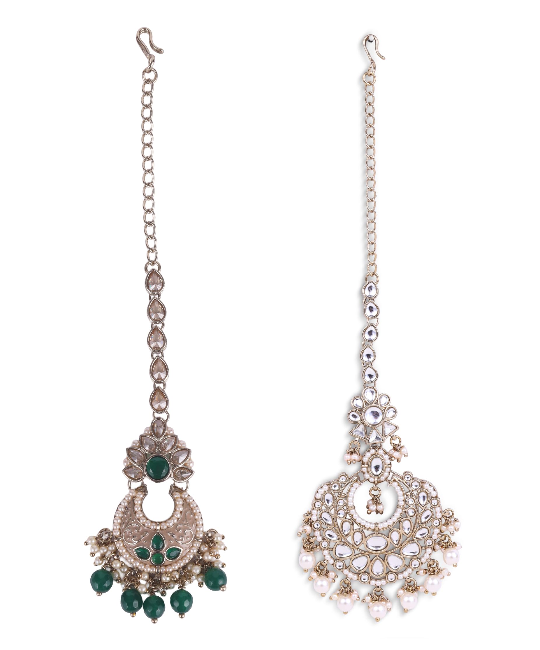 Saloni Fashion Jewellery Traditional Flower Shape and Pearl Silver Gold Plated Set of 2 Combo Maang Tikka For Women