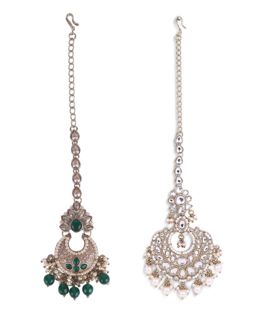 Saloni Fashion Jewellery Traditional Flower Shape and Pearl Silver Gold Plated Set of 2 Combo Maang Tikka For Women