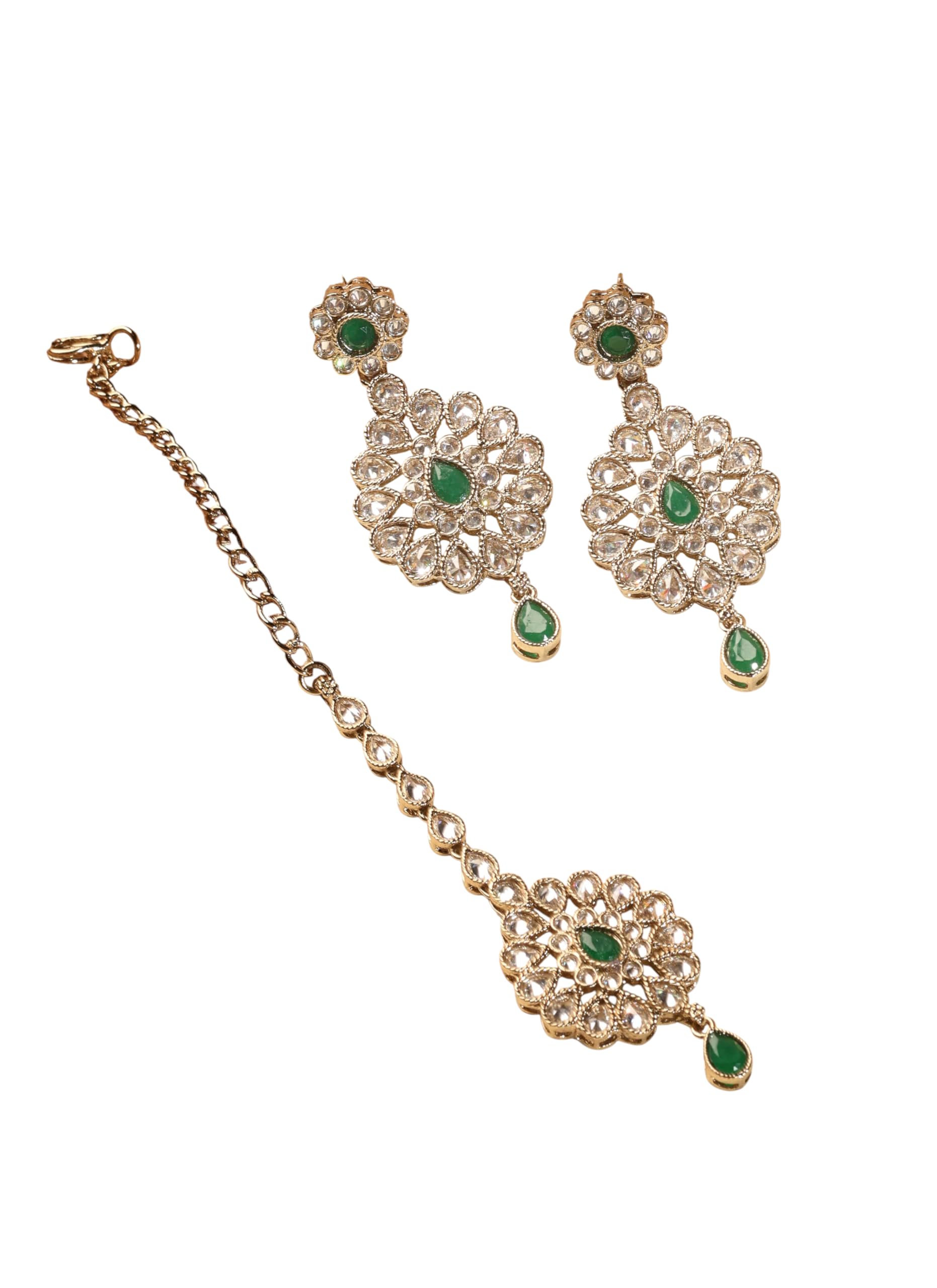 Saloni Fashion Jewellery Flowing Round and Flower Shape Green Kundan Stone Antique Gold Plated Brass Dangle Earring With Maang Tikka For Women and Girls