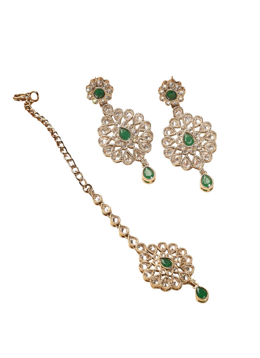 Saloni Fashion Jewellery Flowing Round and Flower Shape Green Kundan Stone Antique Gold Plated Brass Dangle Earring With Maang Tikka For Women and Girls