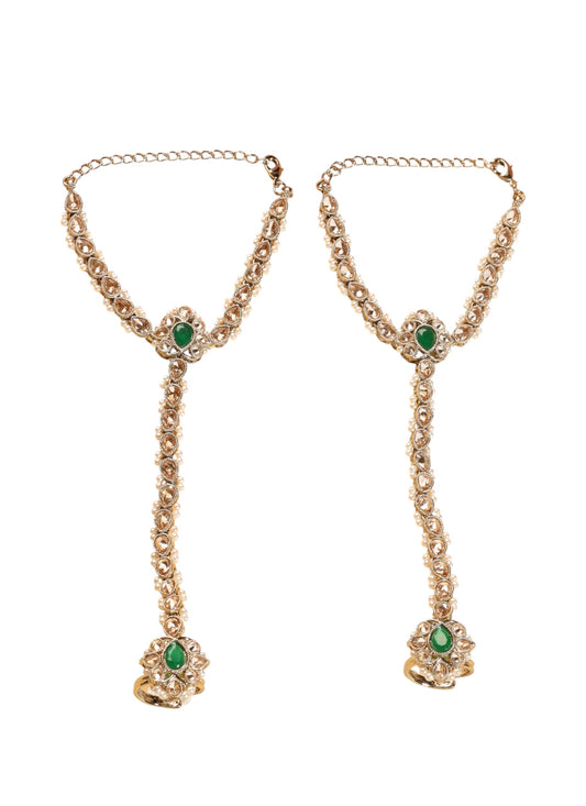 Saloni Fashion Jewellery Ethnic Flower and Oval Shape Pearl Green Kundan Stone Antique Gold Plated Set of 2 Brass Hathpaan(Hathphool) For Women and Girls
