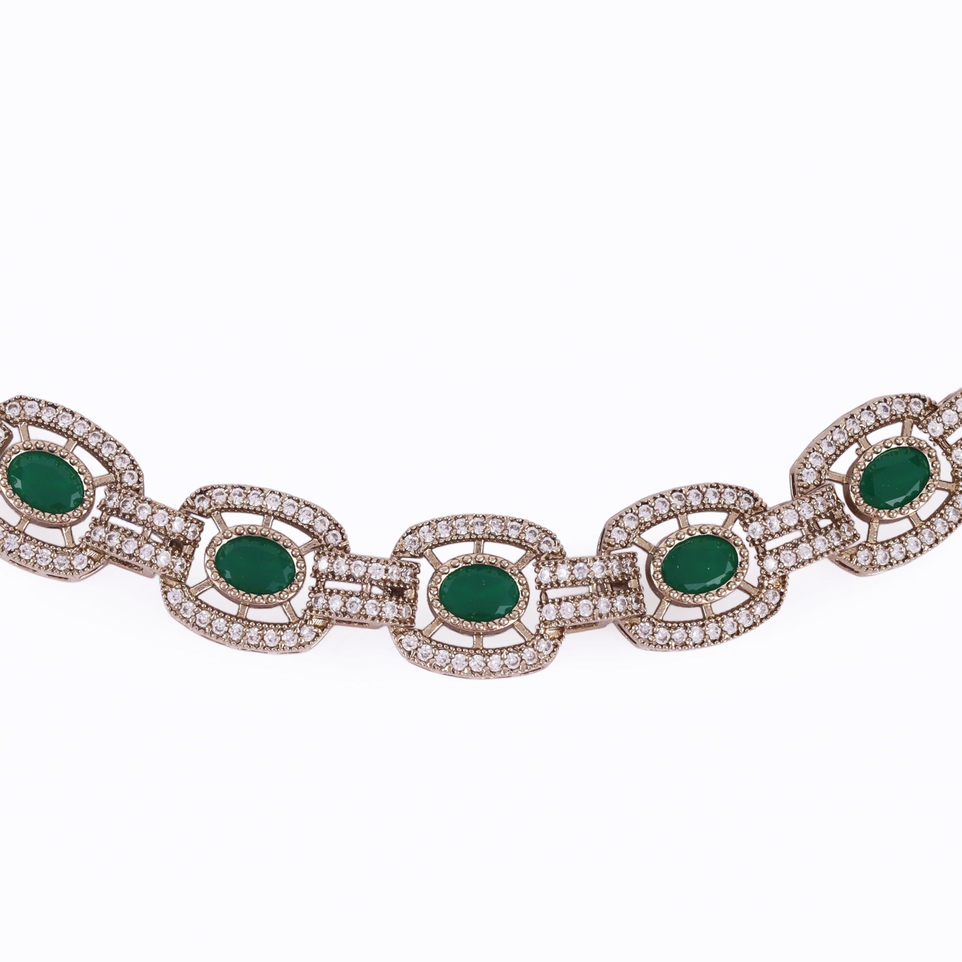 Saloni Fashion Jewellery Flowing Round Shape CZ Studded Gold Plated Green Stone Choker Necklace Set With Maangikka For Women and Girls