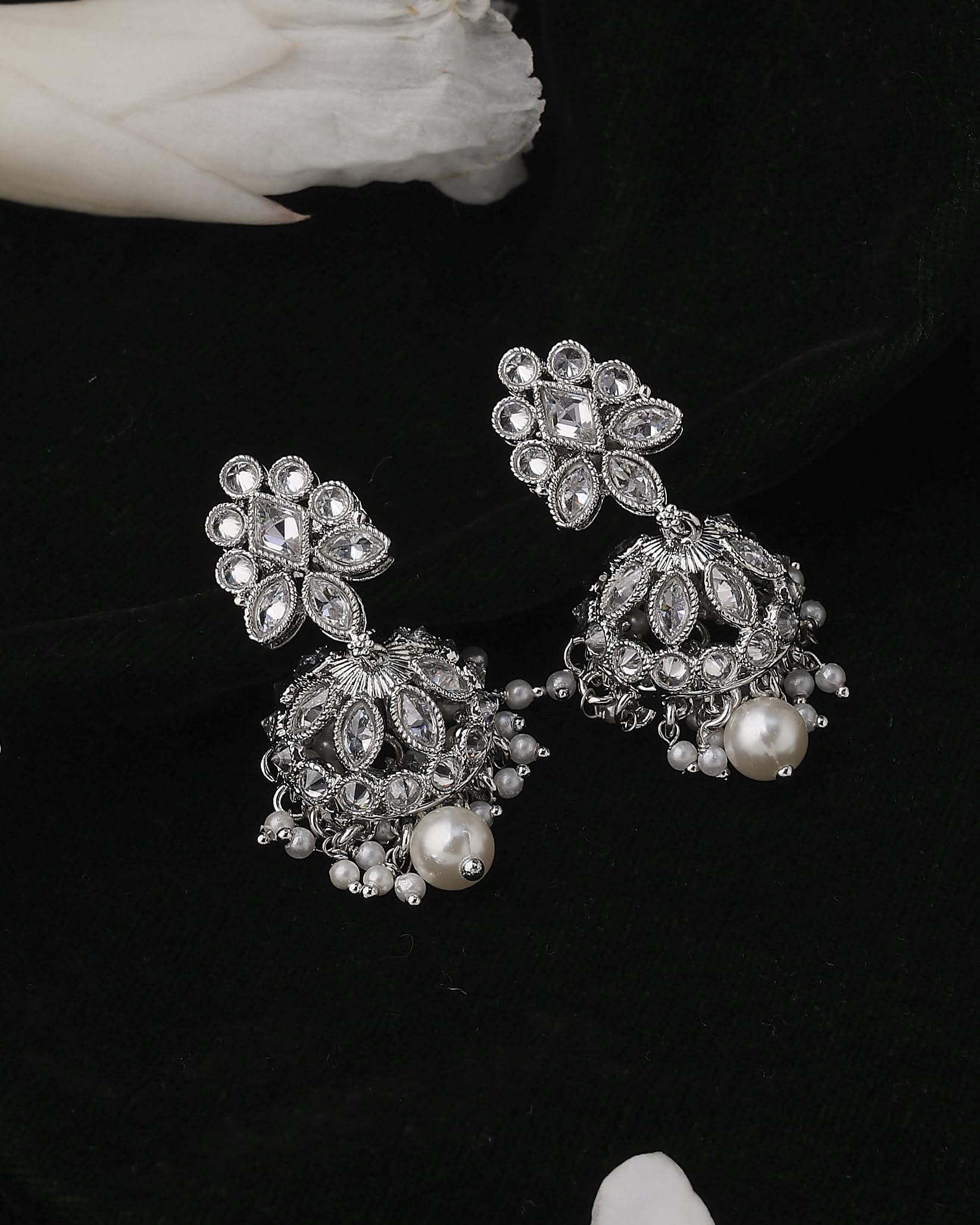 Saloni Fashion Jewellery Flowing Round and Pear Shape Silver Plated White Kundan Stone Brass Jhumki Earring For Women and Girls