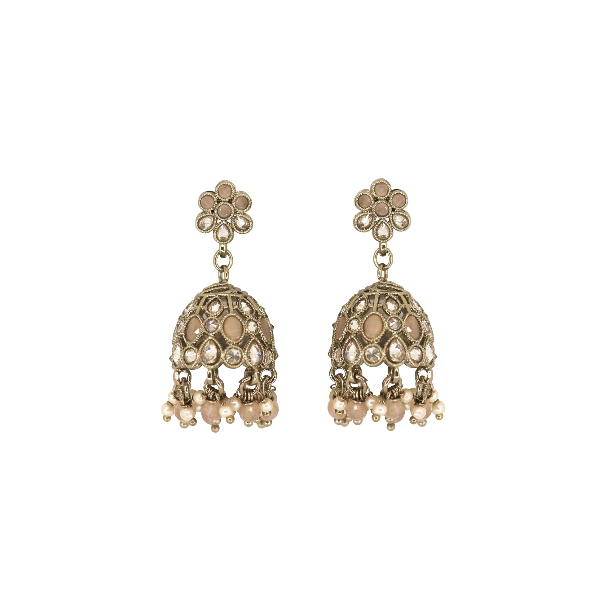 Saloni Fashion Jewellery Pretty Flower Shape Peach Uncut Kundan Stone Antique Gold Plated Jhumki Earring For Women and Girls