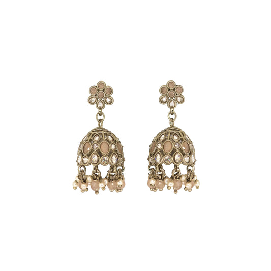 Saloni Fashion Jewellery Pretty Flower Shape Peach Uncut Kundan Stone Antique Gold Plated Jhumki Earring For Women and Girls