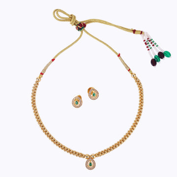 Saloni Fashion Jewellery Traditional Oval Shape Golden Balls Green Stone Gold Plated Choker Necklace Set For Women