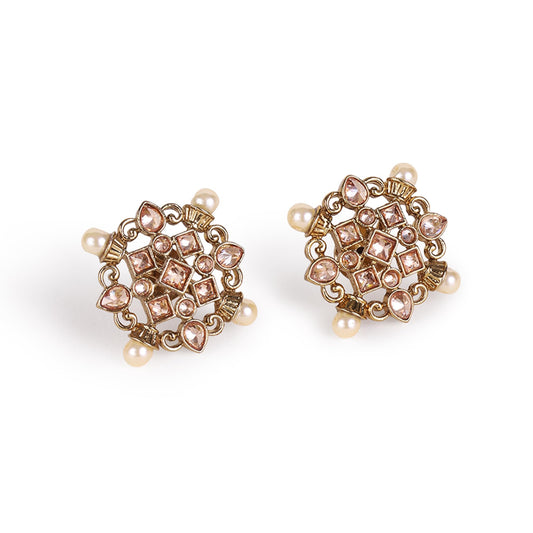 Saloni Fashion Jewellery Round Shape Flower Design Gold Plated Brass Stud Earring For Women