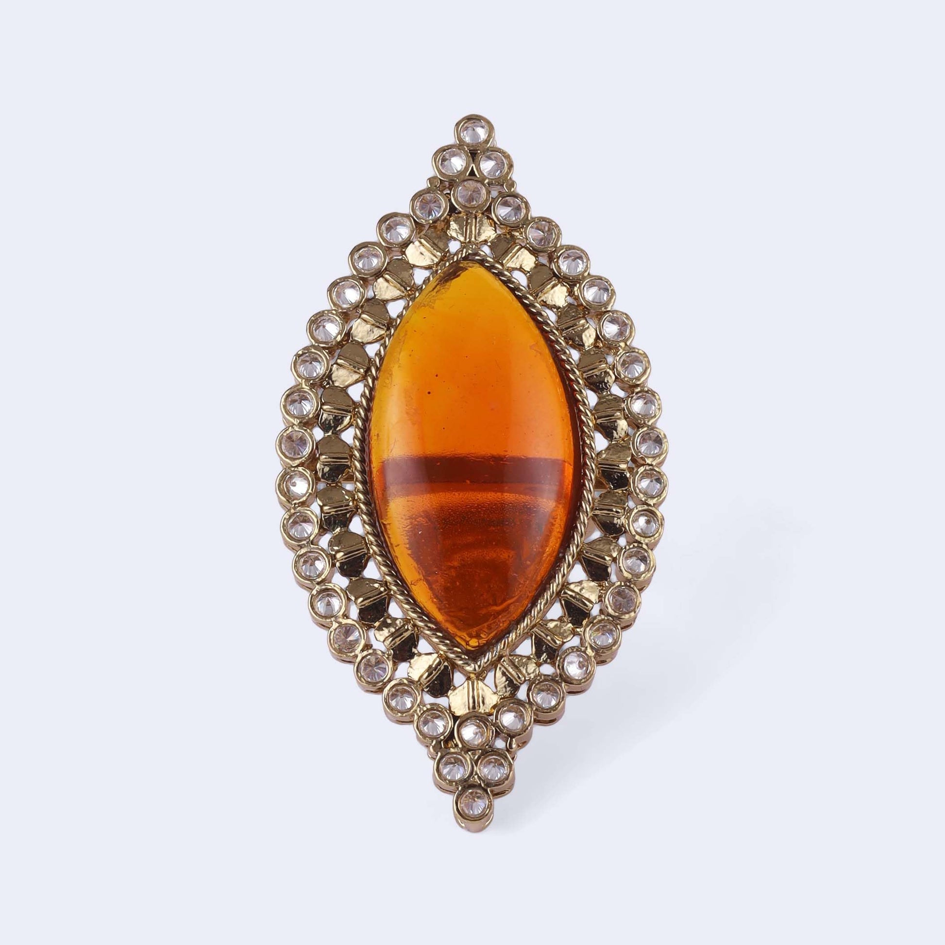 Saloni Fashion Jewellery Glamorous Oval Shape Center Orange Stone Gold Plated Adjustable Finger Ring For Women