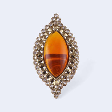Saloni Fashion Jewellery Glamorous Oval Shape Center Orange Stone Gold Plated Adjustable Finger Ring For Women