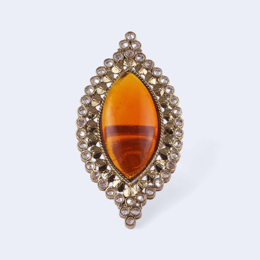 Saloni Fashion Jewellery Glamorous Oval Shape Center Orange Stone Gold Plated Adjustable Finger Ring For Women