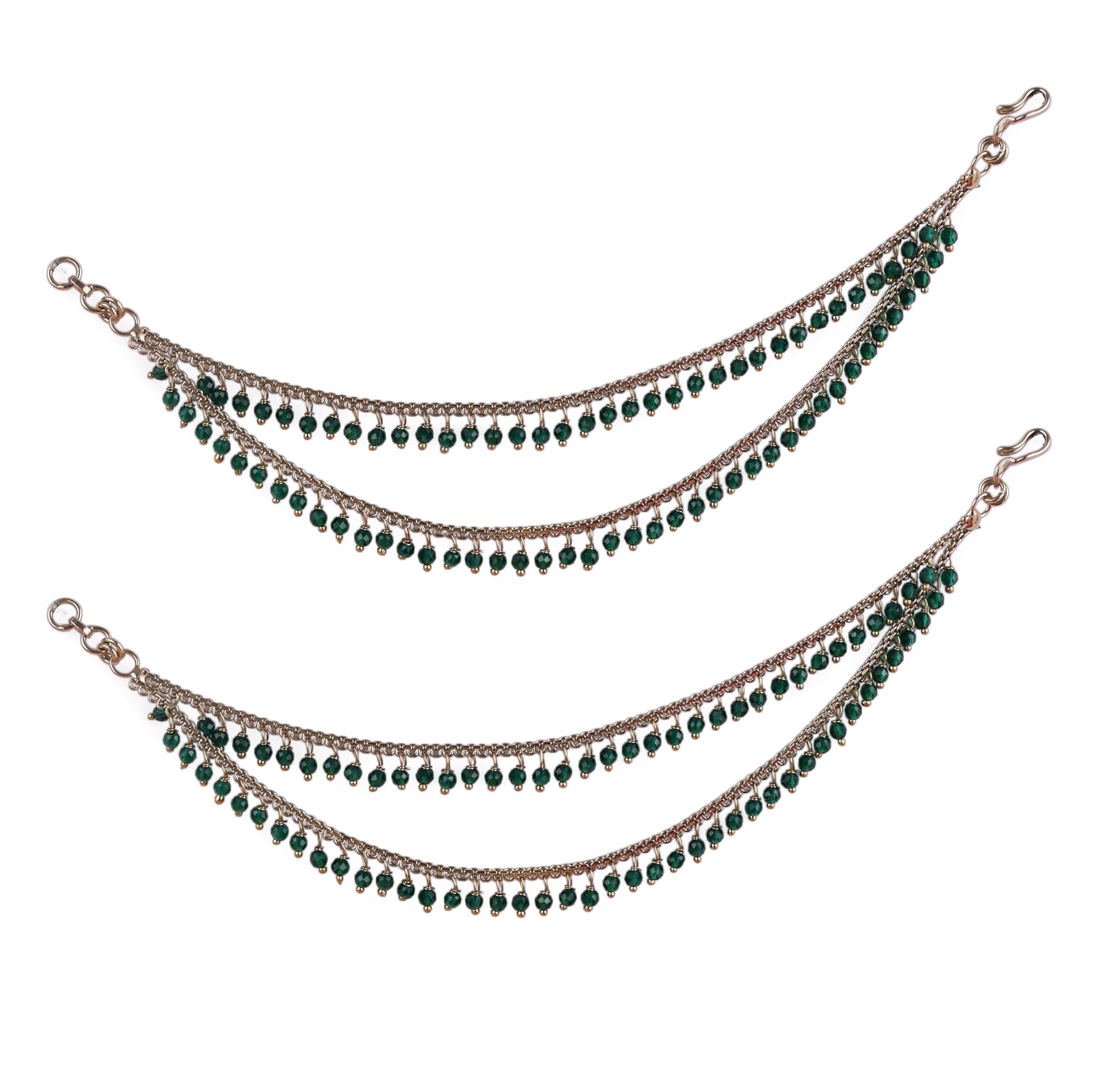 Saloni Fashion Jewellery Dazzling 2 String Green Pearl Gold Plated Set Of 2 Brass Ear-Chain (Kaanchain) For Women and Girls
