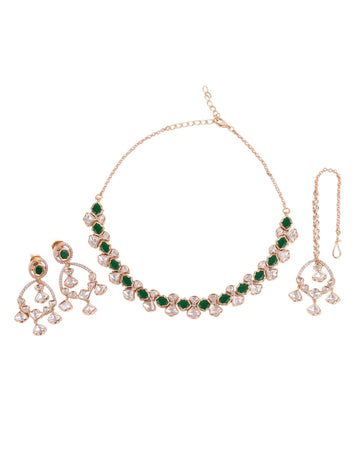 Saloni Fashion Jewellery Trendy Flower Design Green Uncut Kundan Stone Antique Gold Plated Brass Choker Necklace Set with Maang Tikkka For Women and Girls