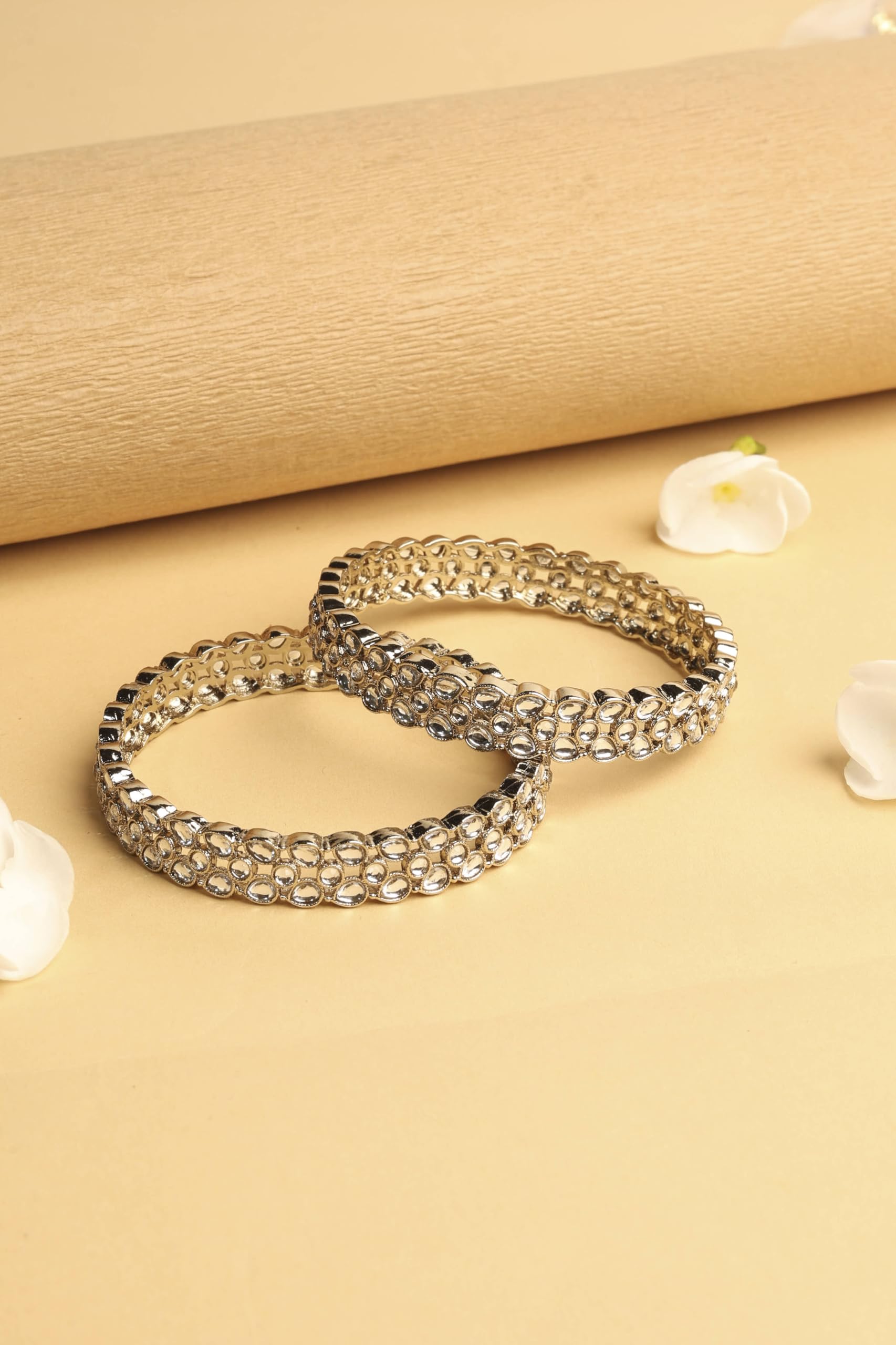 Saloni Fashion Jewellery Trendy Oval Shape White Kundan Stone Antique Gold Plated Set of 2 Bangle Set For Women and Girls