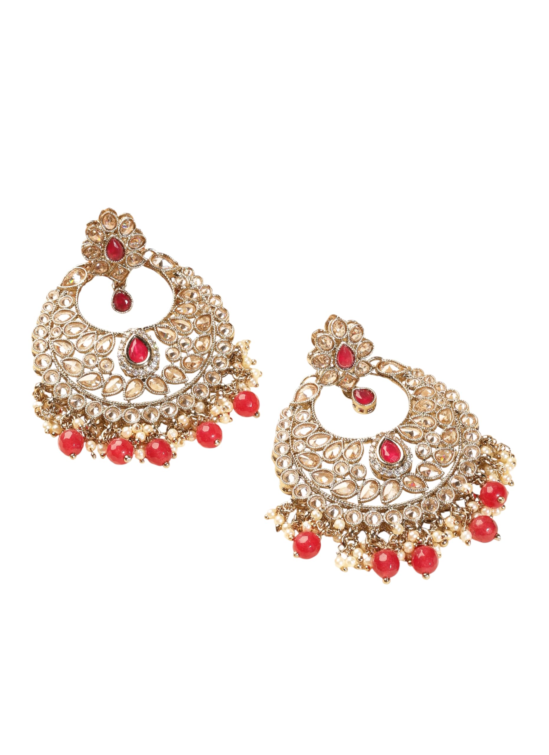 Saloni Fashion Jewellery Superb Chandelier Shape Red Kundan Stone Antique Gold Plated Chandelier Earring For Women and Girls