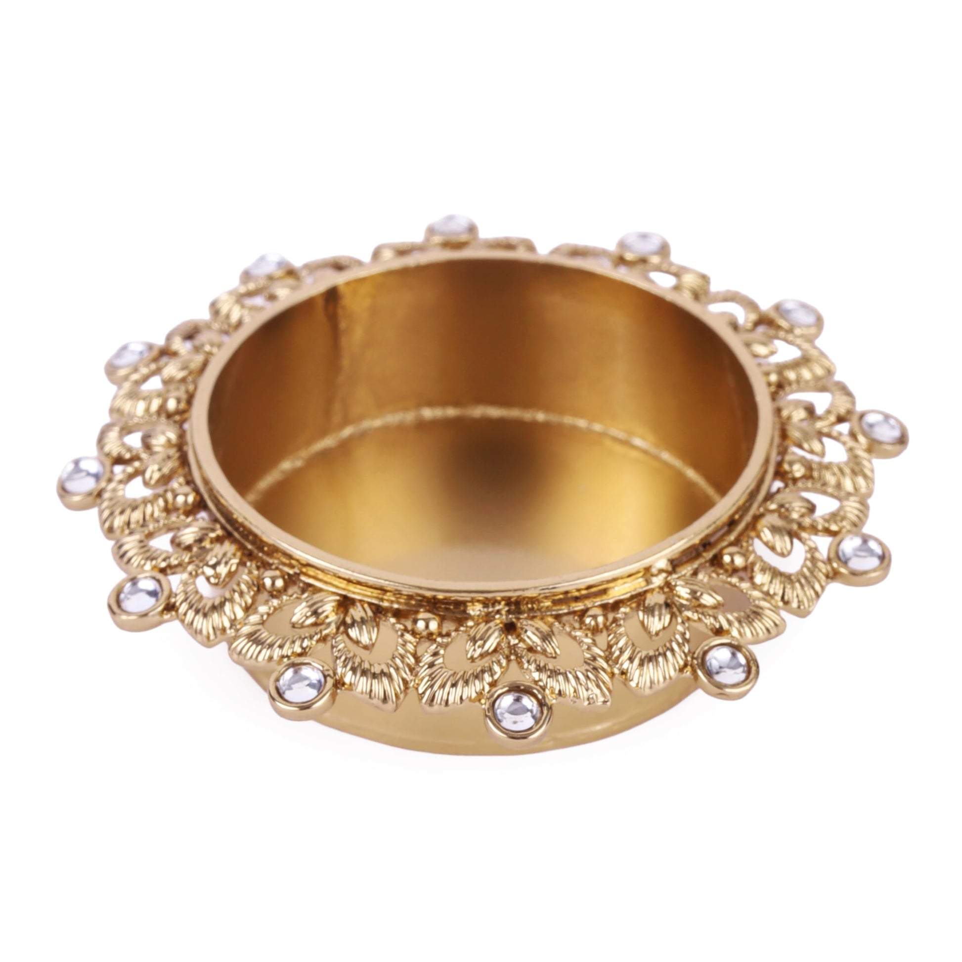 Saloni Fashion Jewellery Traditional Classy Leaf and Round Shape Brass Gold Plated White Stone Festival Decorative Deep / Diya