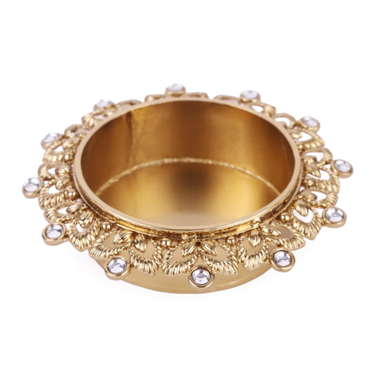 Saloni Fashion Jewellery Traditional Classy Leaf and Round Shape Brass Gold Plated White Stone Festival Decorative Deep / Diya