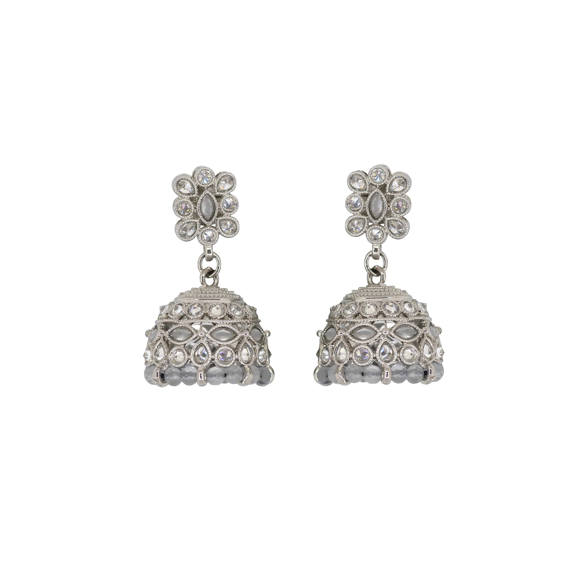 Saloni Fashion Jewellery Beautiful Pear and Flower Shape Grey Uncut Kundan Stone Silver Plated Jhumki Earring For Women and Girls