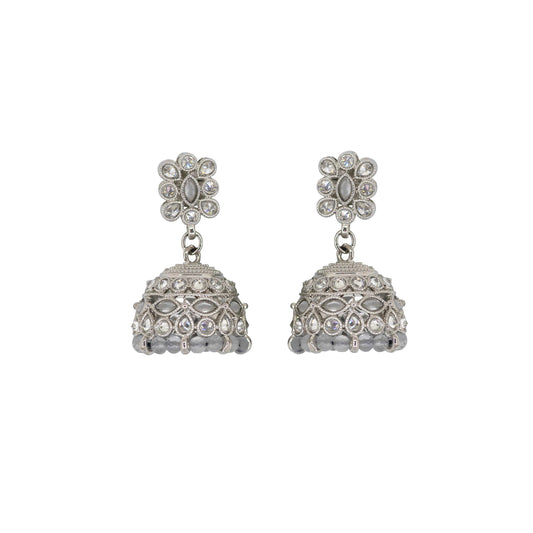 Saloni Fashion Jewellery Beautiful Pear and Flower Shape Grey Uncut Kundan Stone Silver Plated Jhumki Earring For Women and Girls
