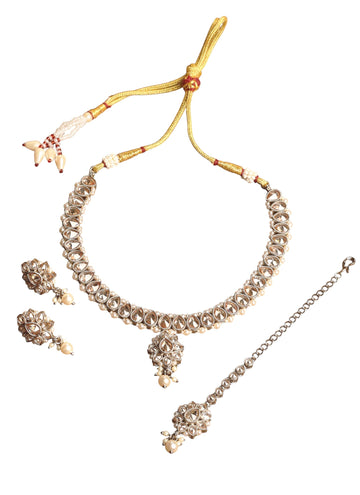 Saloni Fashion Jewellery Luxurious Flower and Oval Shape Brown Kundan Stone Antique Gold Plated Choker Necklace Set with Maang Tikka For Women and Girls