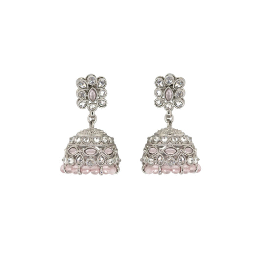 Saloni Fashion Jewellery Charming Pear and Flower Shape Pink Uncut Kundan Stone Silver Plated Jhumki Earring For Women and Girls