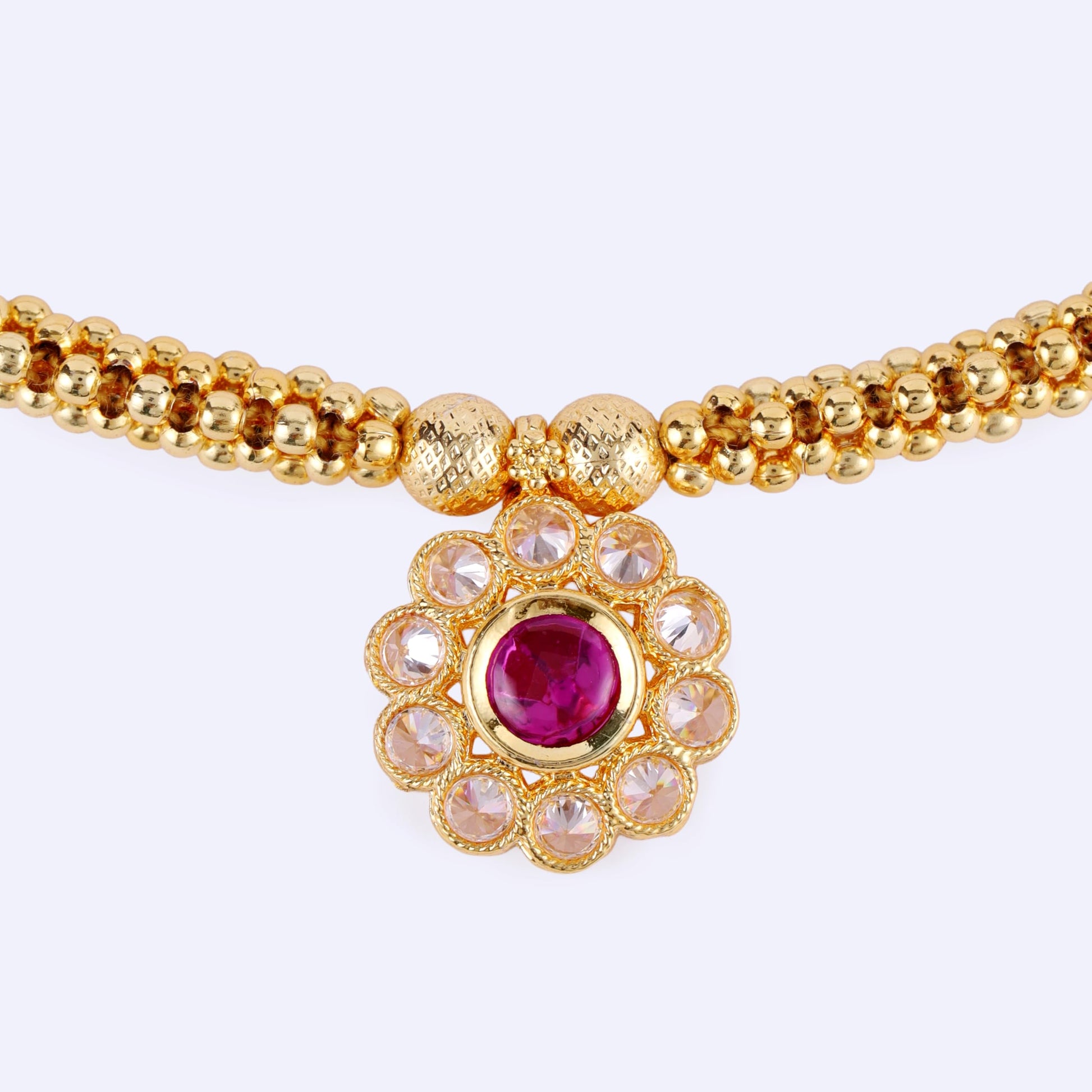 Saloni Fashion Jewellery Traditional Round Shape Golden Balls Pink Stone Gold Plated Choker Necklace Set For Women