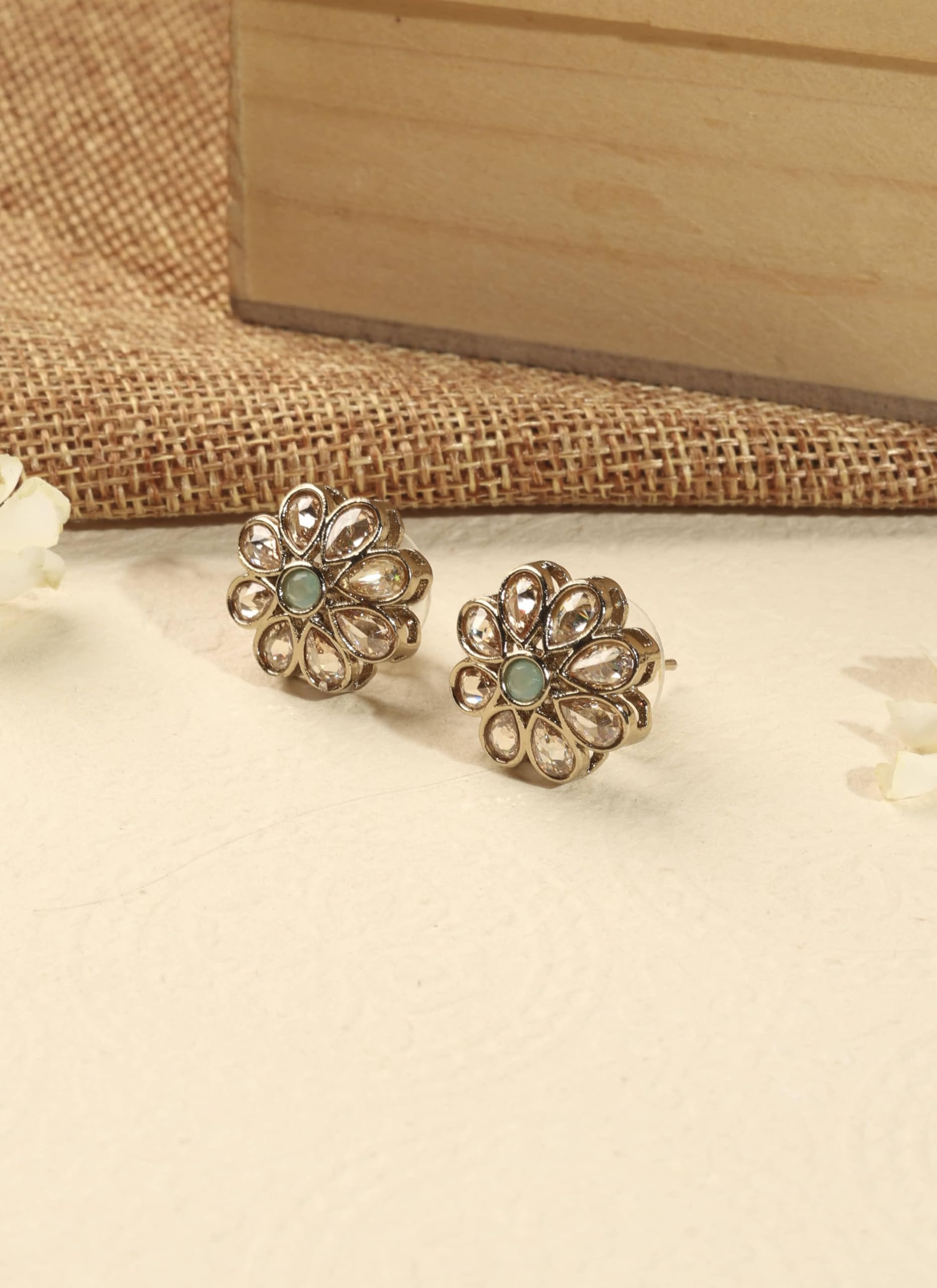 Saloni Fashion Jewellery Smooth Flower Design Brown Kundan Stone Antique Gold Plated Stud Earring For Women and Girls