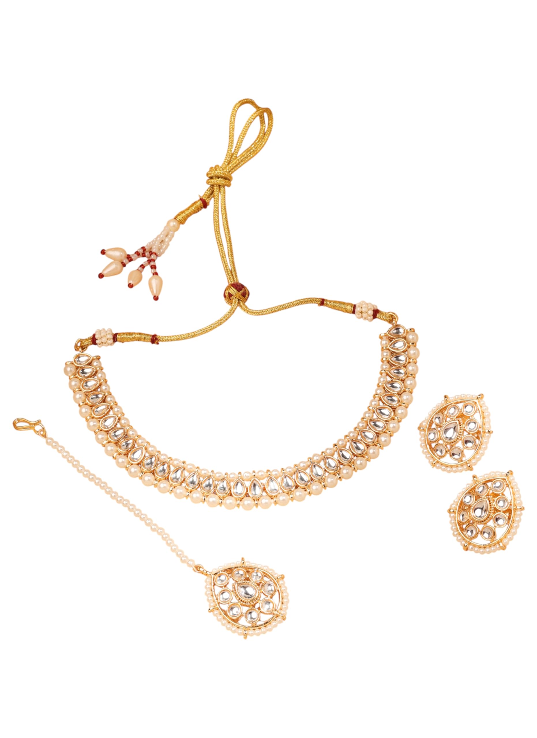 Saloni Fashion Jewellery Smooth Oval and Flower Design Pearl White Kundan Stone Gold Plated Choker Necklace With Maang Tikka For Women and Girls