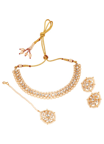 Saloni Fashion Jewellery Smooth Oval and Flower Design Pearl White Kundan Stone Gold Plated Choker Necklace With Maang Tikka For Women and Girls