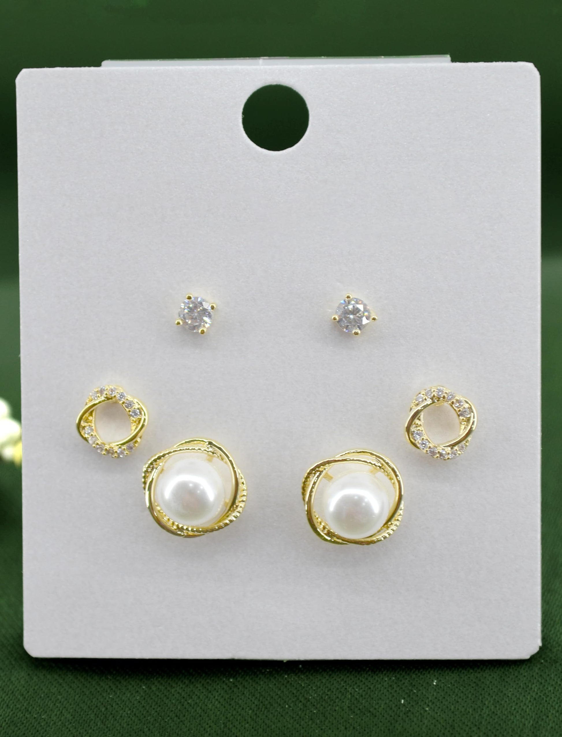 Saloni Fashion Jewellery Pretty Round Shape CZ Brass Gold Plated Set of 3 Combo Stud Earring For Women and Girls