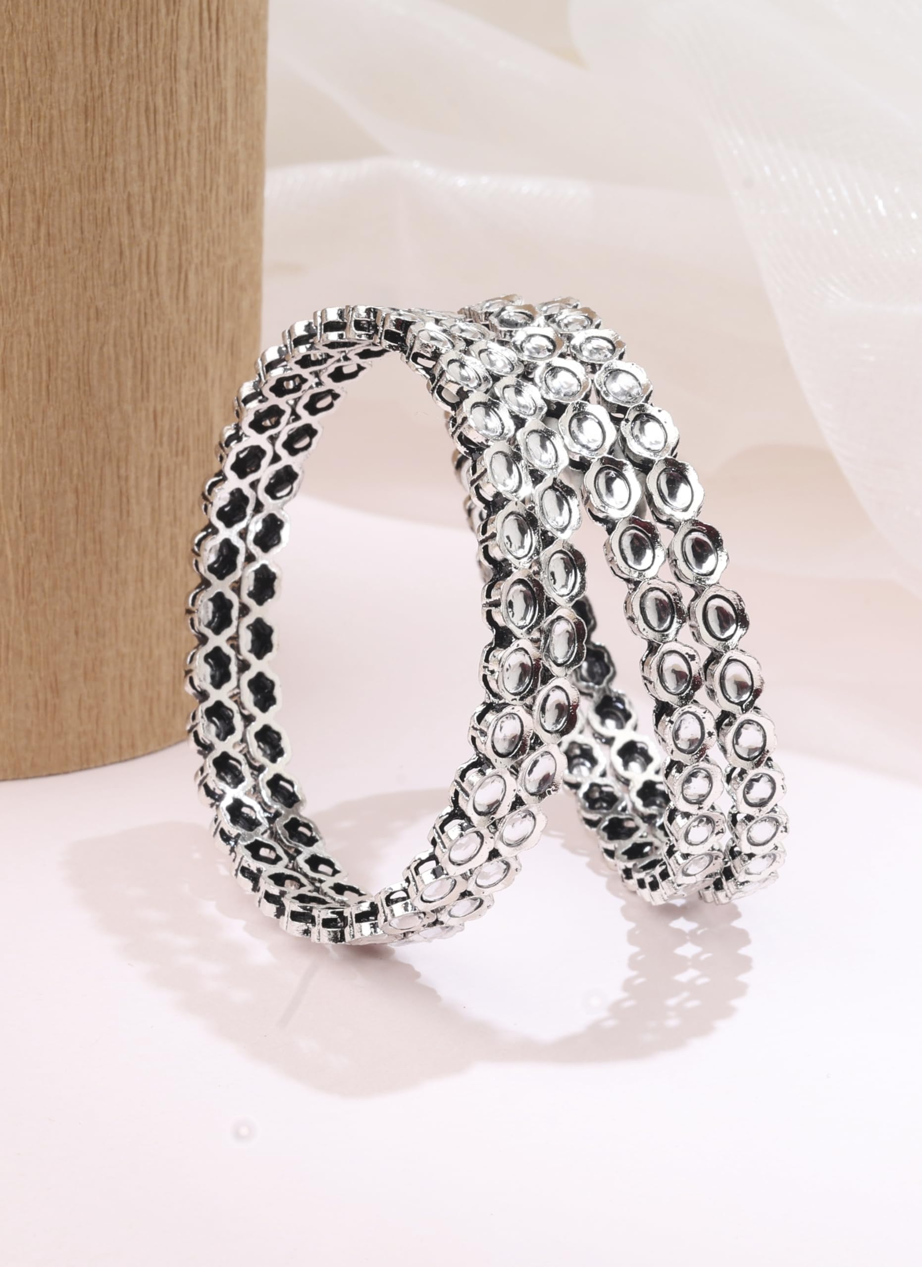 Saloni Fashion Jewellery Modern Round Shape White Kundan Stone Silver Plated Set Of 4 Bangle Set For Women and Girls