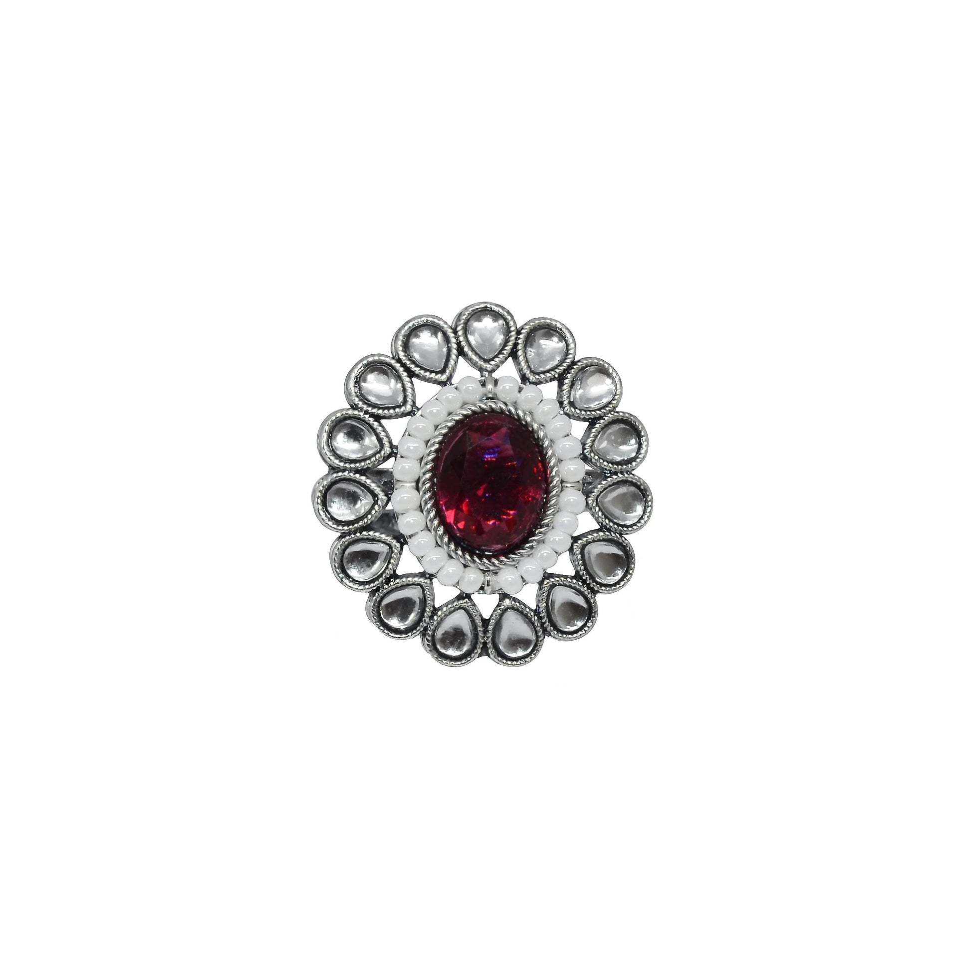 Saloni Fashion Jewellery Graceful Pear Shape and Mother Of Pearl Silver Plated Kundan Stone Adjustable Finger Ring For Women and Girls