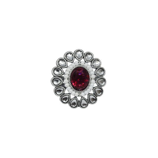 Saloni Fashion Jewellery Graceful Pear Shape and Mother Of Pearl Silver Plated Kundan Stone Adjustable Finger Ring For Women and Girls