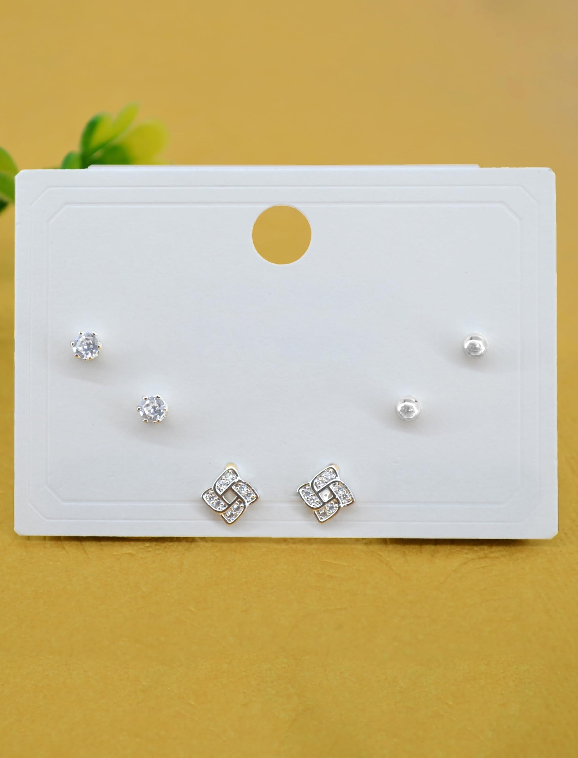 Saloni Fashion Jewellery Flowing Round Shape CZ Brass Silver Plated Set of 3 Combo Stud Earring For Women and Girls