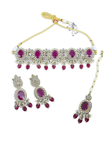 Saloni Fashion Jewellery Charming Circle and Leaf Design Red Uncut Kundan Gold Plated Collar Necklace Set with Maangtikka For Women and Girls