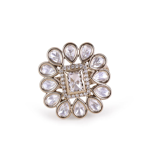 Saloni Fashion Jewellery Flower Design White Stone Gold Plated Brass Adjustable Finger Ring For Women