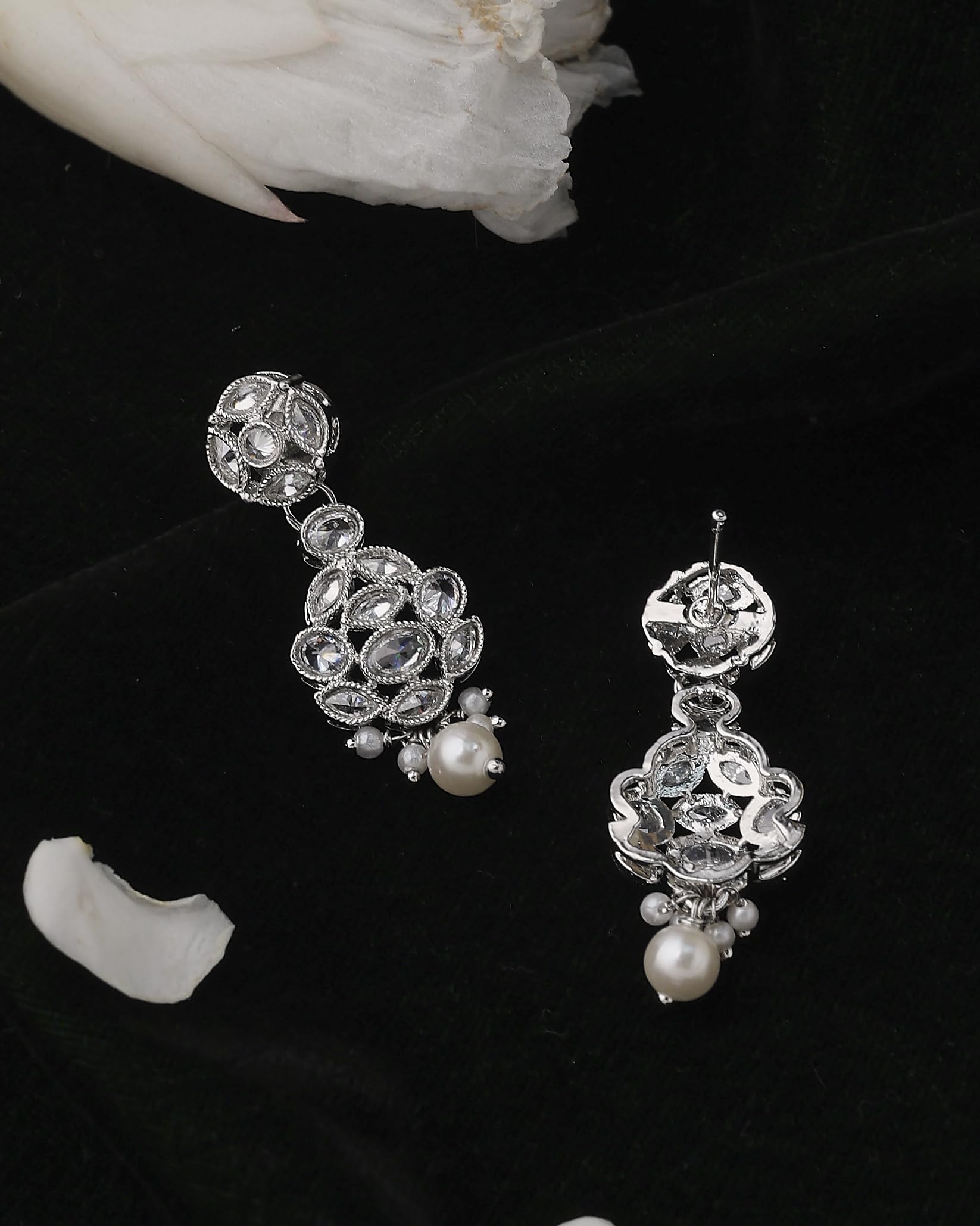 Saloni Fashion Jewellery Lavish Round Shape Silver Plated White Pearl Kundan Stone Dangle Earring For Women and Girls
