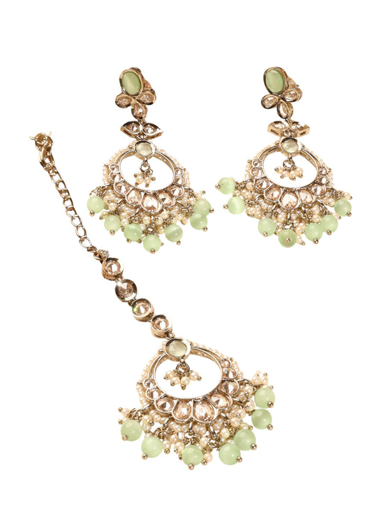 Saloni Fashion Jewellery Gorgeous Circle and Leaf Shape Light Green Pearl Brown Kundan Stone Antique Gold Plated Brass Chandelier Earring With Maang Tikka For Women and Girls