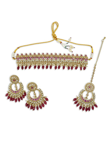 Saloni Fashion Jewellery Stylish Leaf Design Uncut Kundan Gold Plated Collar Necklace Set with Maangtikka For Women and Girls