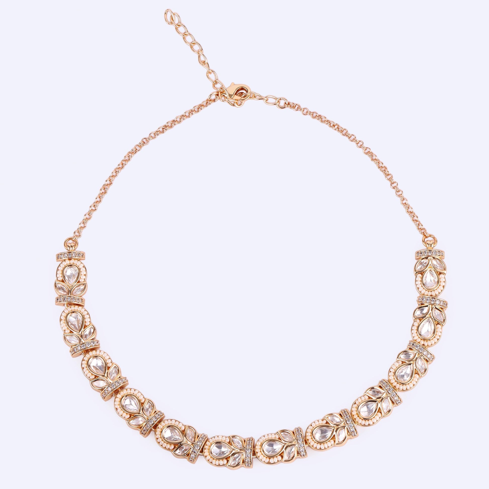 Saloni Fashion Jewellery Creative Oval and Leaf Design Uncut Kundan Stone 18 KT Gold Plated Brass Choker Necklace Set with Maang Tikka For Women and Girls