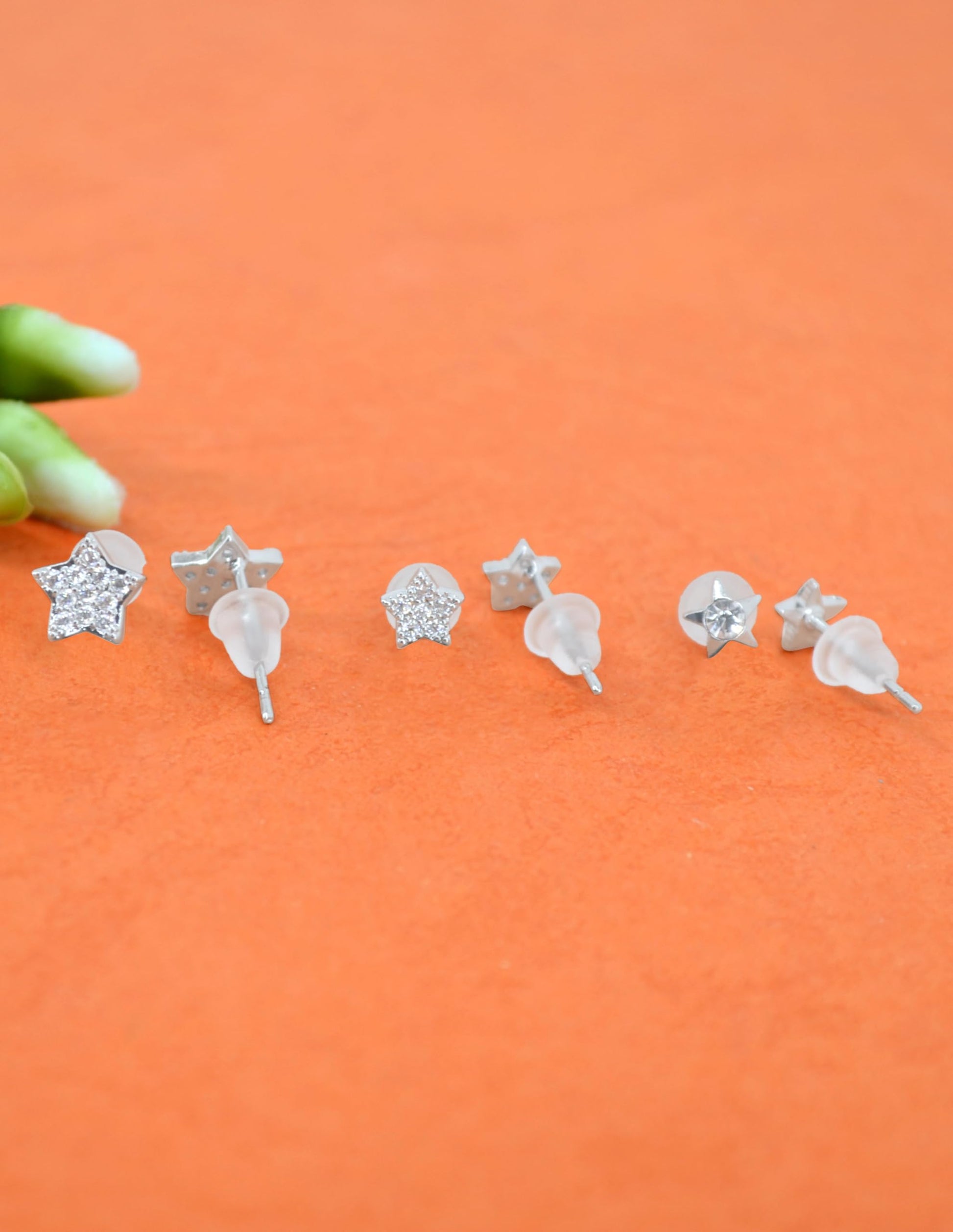 Saloni Fashion Jewellery Fine Star Design CZ Brass Silver Plated Set of 3 Combo Stud Earring For Women and Girls