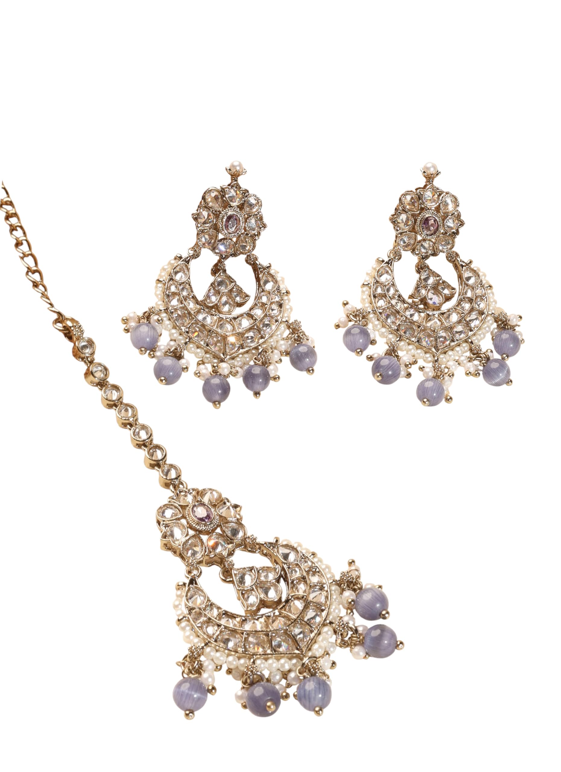 Saloni Fashion Jewellery Fascinating Chandelier Shape and Purple Pearl Brown Kundan Stone Antique Gold Plated Brass Chandelier Earring With Maang Tikka For Women and Girls