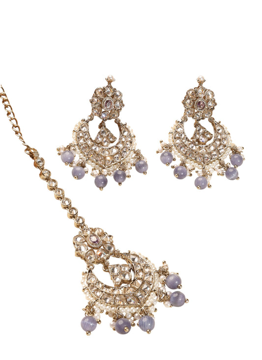 Saloni Fashion Jewellery Fascinating Chandelier Shape and Purple Pearl Brown Kundan Stone Antique Gold Plated Brass Chandelier Earring With Maang Tikka For Women and Girls
