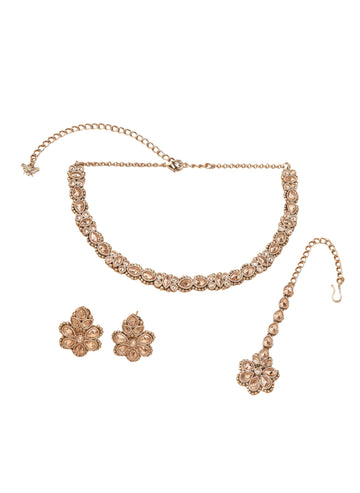 Saloni Fashion Jewellery Graceful Round and Oval Shape Brown Kundan Stone Antique Gold Plated Choker Necklace With Maang Tikka For Women and Girls